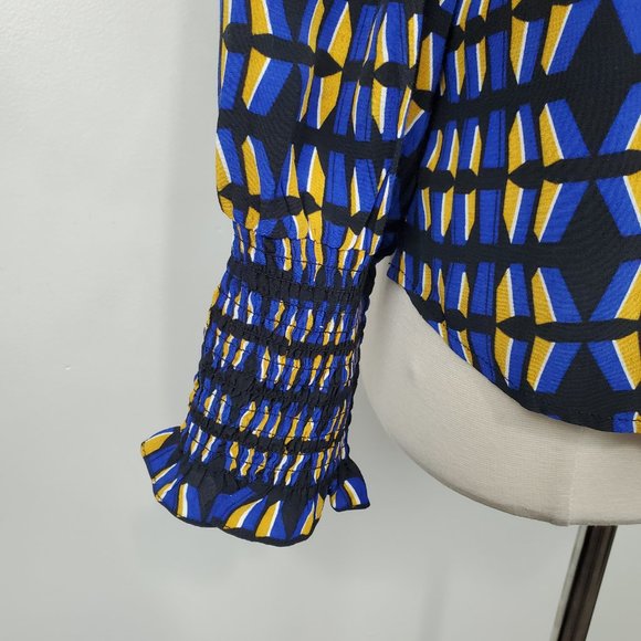 Rachel Zoe Contemporary Fit Geometric Print Ruffle Neck Top With Shirred Cuff M - Picture 4 of 11